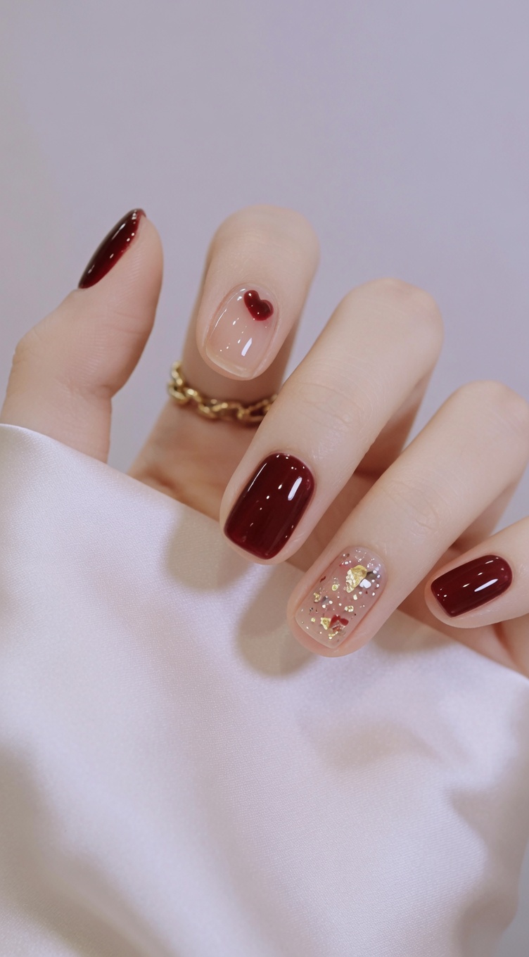 Manicure in Gel Bordeaux e Glitter Oro con Decorazione a Cuore — Tutorial Passo dopo Passo