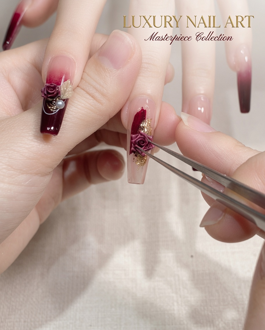Primo piano di una pinzetta che tiene e posiziona un piccolo decoro a rosa essiccata su ununghia con base ombré rossa e oro.