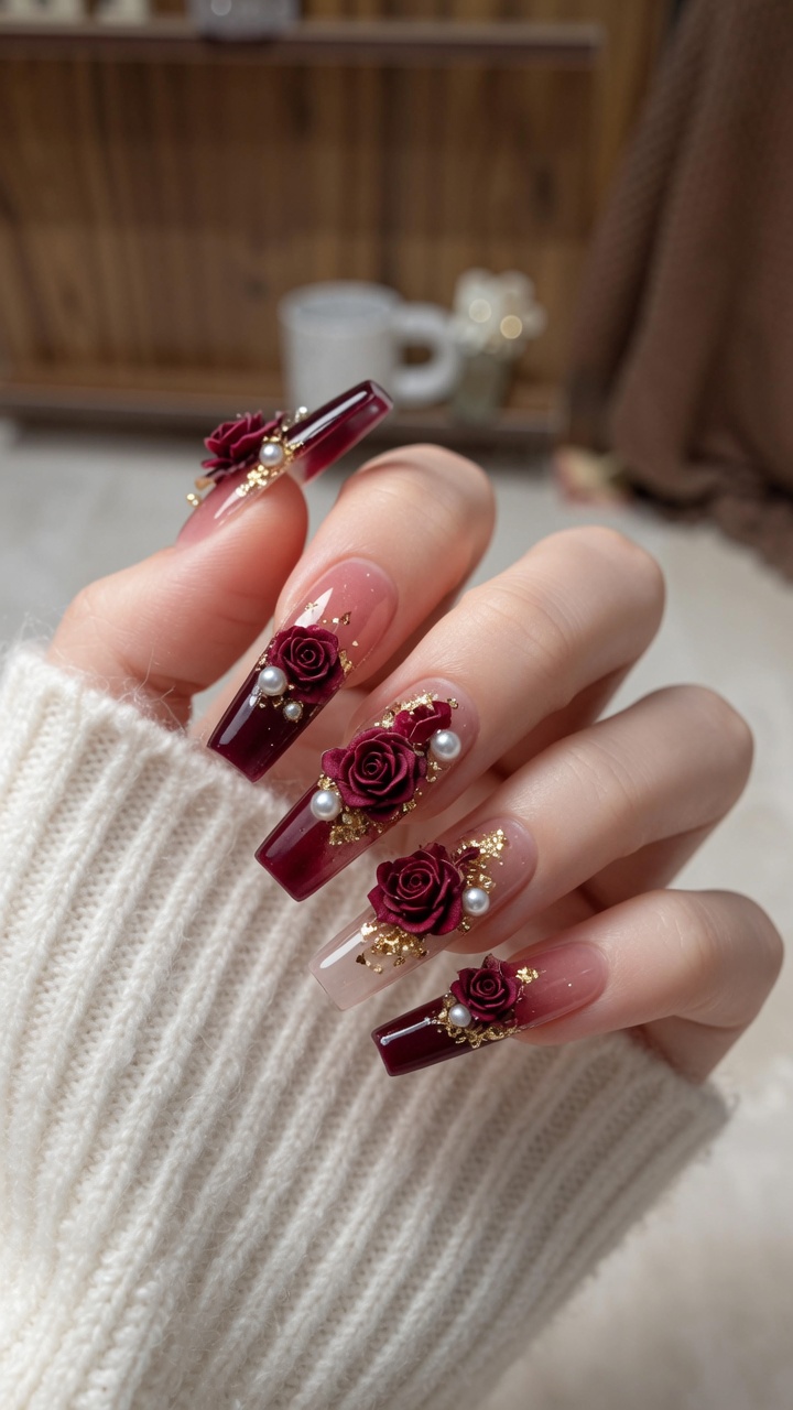 Nail Art Gotico con Rose Essiccate — Design Sofisticato per Capodanno