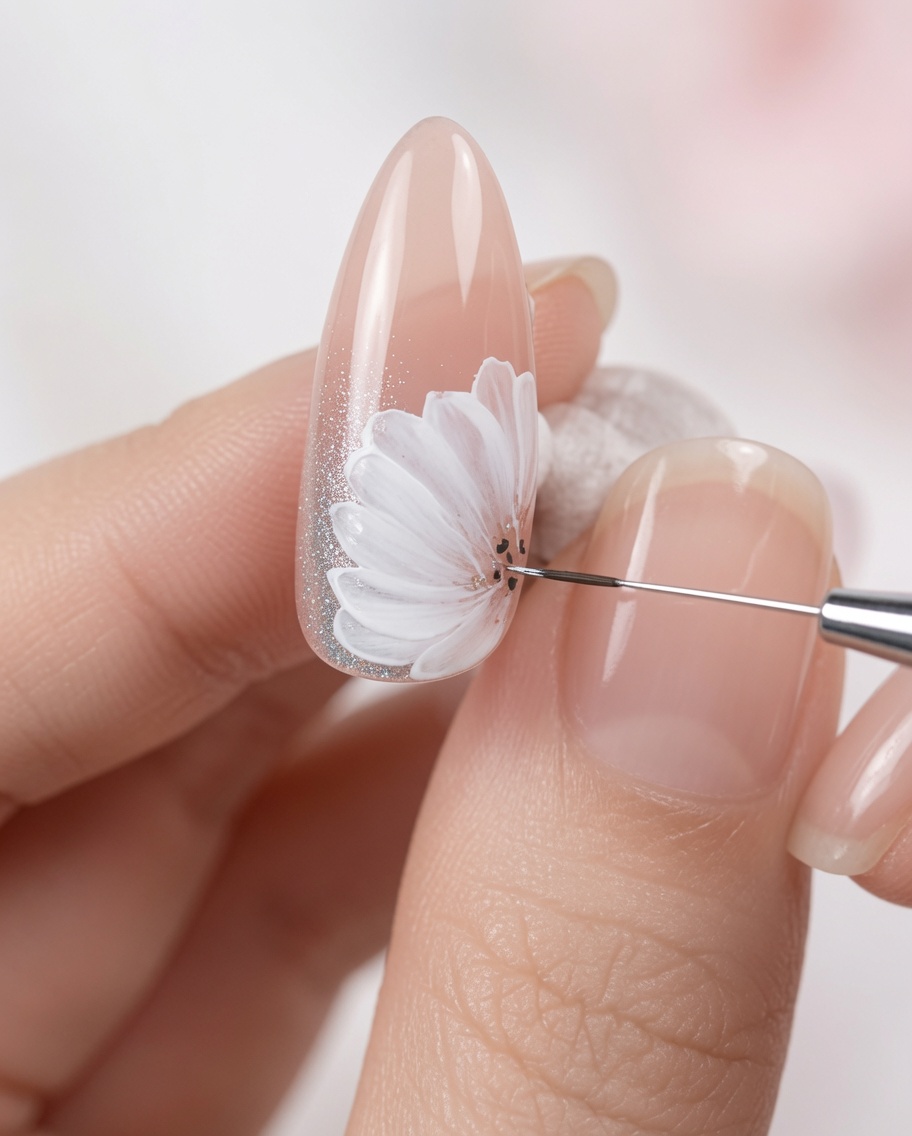 Un primo piano di un pennello che aggiunge sottili linee di luce bianca sui petali dipinti di una margherita.