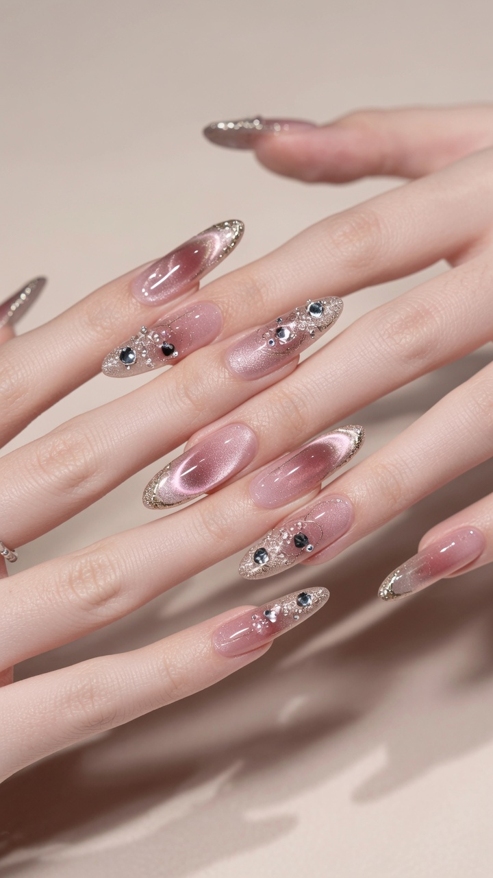 Unghie Pink Cat-Eye Ombré con Dettagli Oro — Tutorial Passo dopo Passo