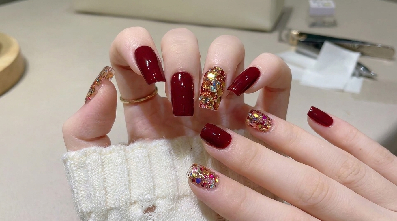Manicure in Gel Rosso Vino Scuro con Accento Glitter Oro — Tutorial Passo dopo Passo