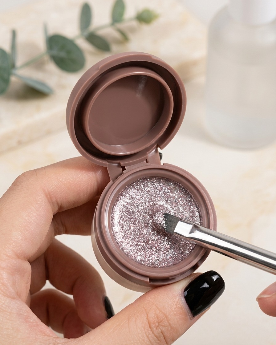 Un pennello da nail art che applica un glitter fine e brillante sulla superficie dellunghia sfumata.