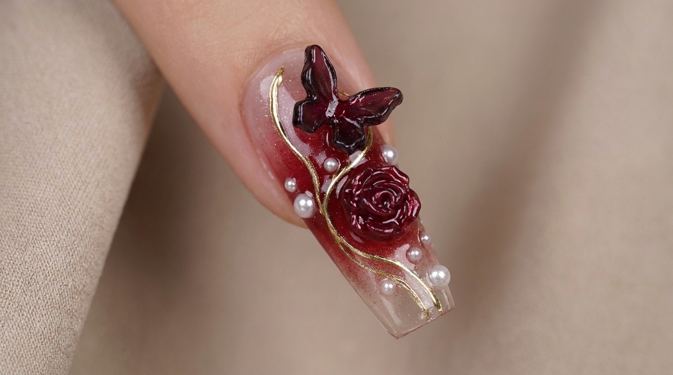 Tutorial di Nail Art Gel di Capodanno con Farfalle e Rose Color Rosso Vino