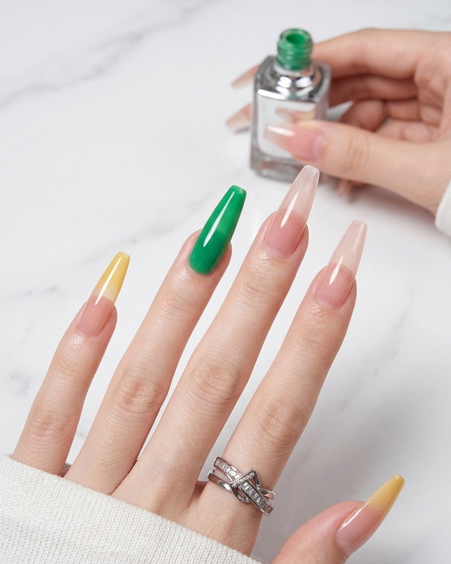 Primo piano di un pennello che applica gel jelly verde sulla punta di ununghia naturale preparata.