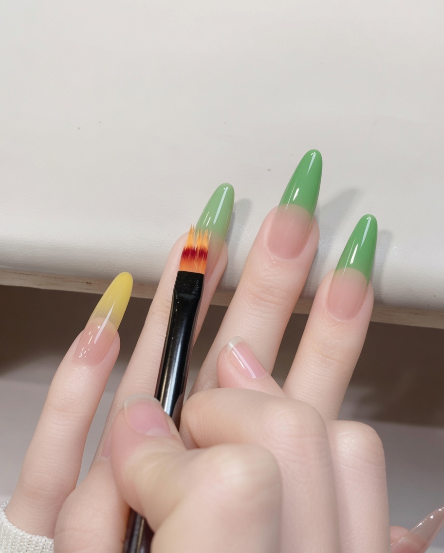 Primo piano di un pennello che applica gel jelly giallo sulla punta dellunghia.
