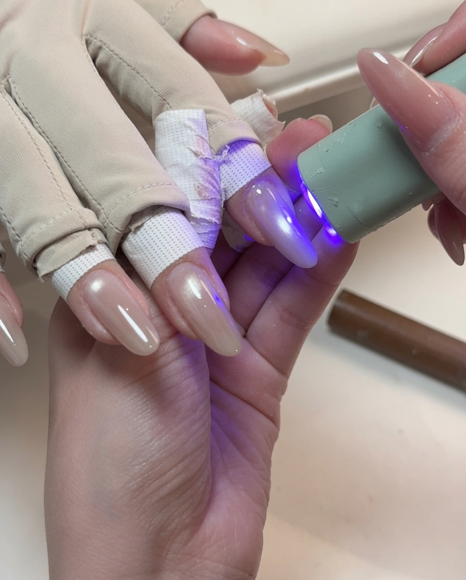 Una piccola lampada UV portatile blu polimerizza il gel cat-eye lucido su un dito.