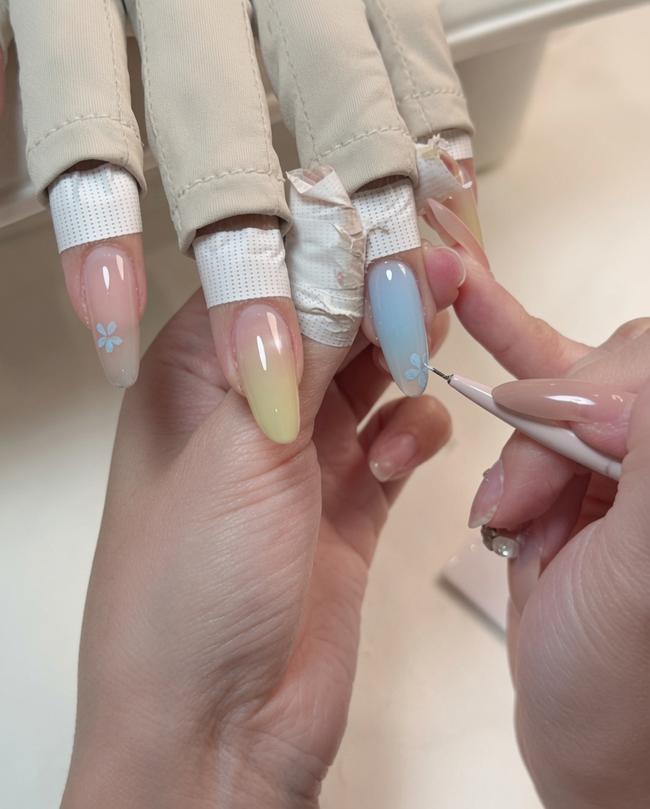 Primo piano di un pennello a punta sottile che dipinge un piccolo fiore blu su una base nude.