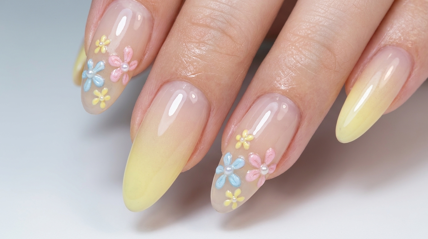 Nail Art Primavera: Ombré Giallo con Fiori 3D e Perle