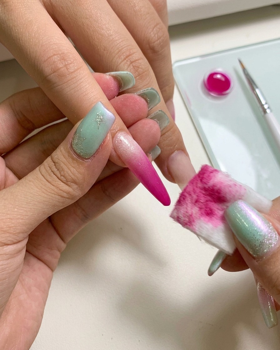 Vista ravvicinata di una mano che utilizza una pinzetta per reggere una spugnetta per tamponare il gel rosa su ununghia.