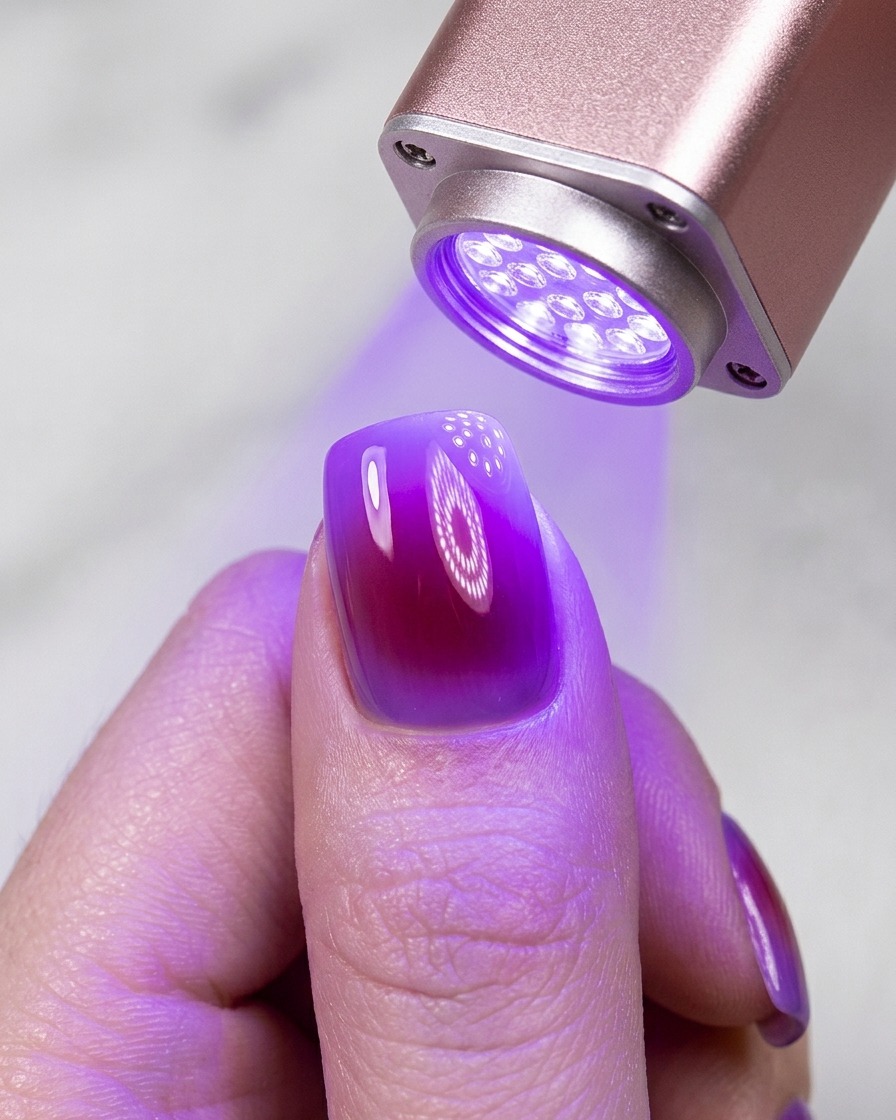 Una mini torcia UV portatile che polimerizza unapplicazione di smalto gel lucido illuminata di viola.