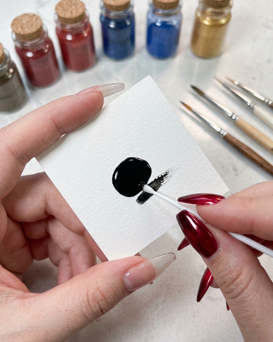 Una vista ravvicinata del bordo di una spugna caricata delicatamente con gel da pittura nero da una tavolozza.