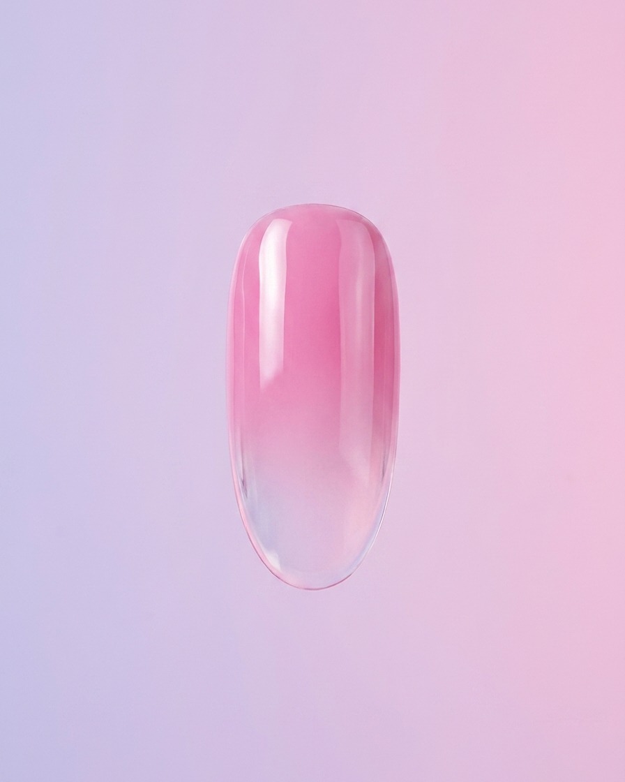 Una singola unghia con un look sfumato rosa tenue su sfondo chiaro.