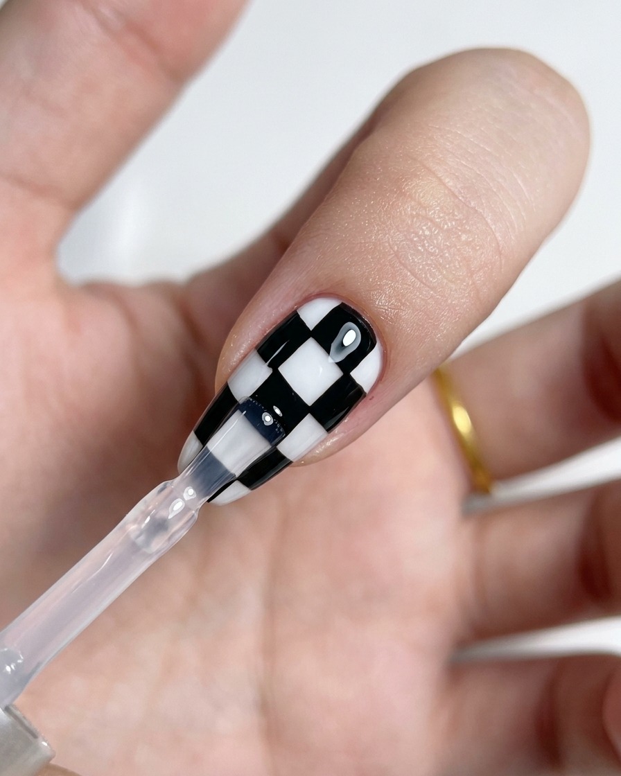 Un pennello che stende uno strato lucido di top coat trasparente in modo uniforme su un design a quadretti per unghie.