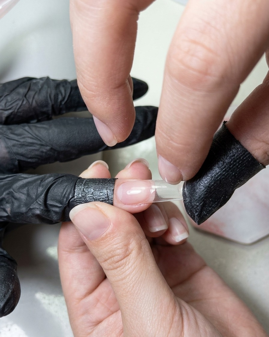 Un applicatore a spugnetta pressa il gel bianco sulla punta di una lunga ricostruzione in gel.