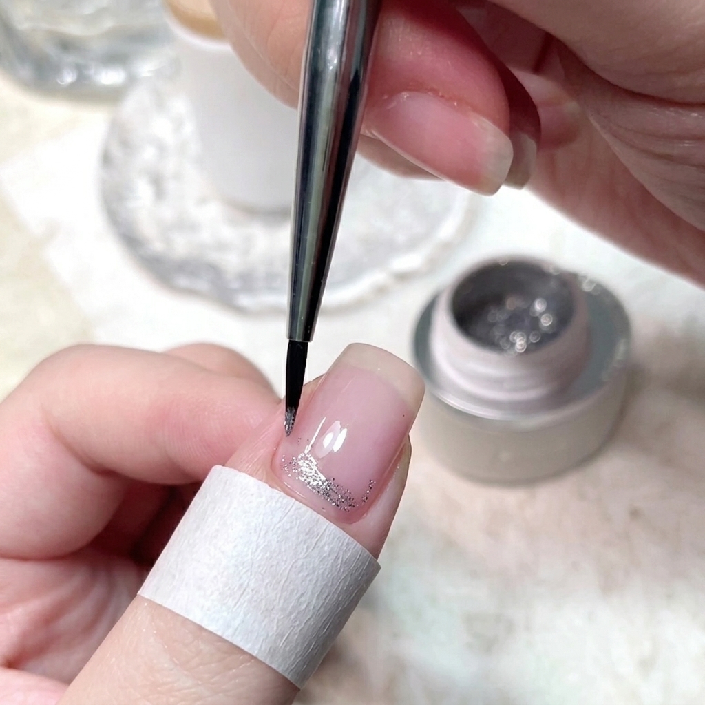 Un pennello sottile che tampona il gel glitter diamante schiacciato sulla base di ununghia.