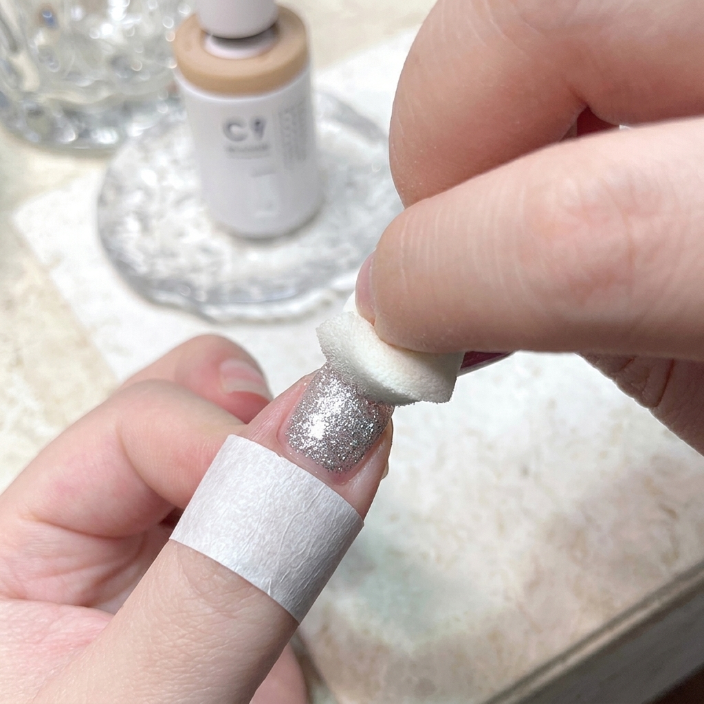 Un applicatore in spugna bianca che strofina la polvere specchio chrome argento sulla punta di ununghia.