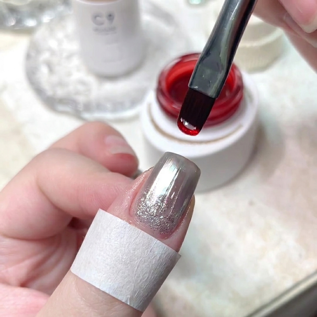 Un pennello per gel piatto che applica il base gel trasparente sulla superficie di ununghia chrome.