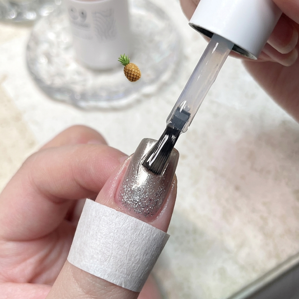 Un pennello per unghie che applica uniformemente un top coat trasparente lucido su ununghia decorativa finita.