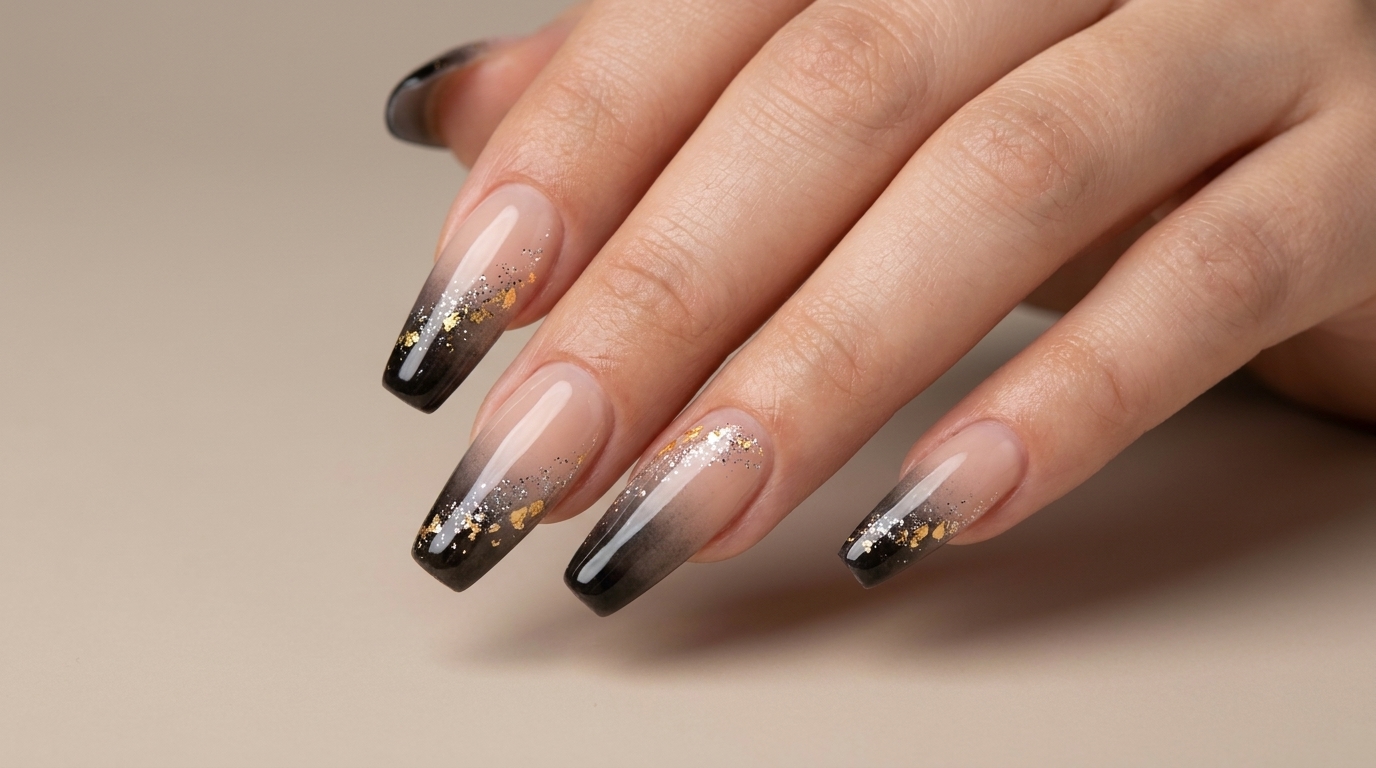 Primo piano di unghie con french sfumato etereo completate, caratterizzate da base nude trasparente, glitter argento, dettagli in foglia doro e punte french sfumate nere con finish lucido.