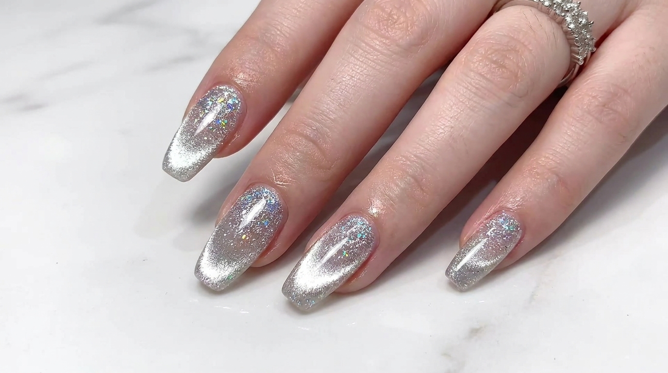 Primo piano delle unghie completate con gradiente argentato e gel cat-eye dalla finitura lucida.