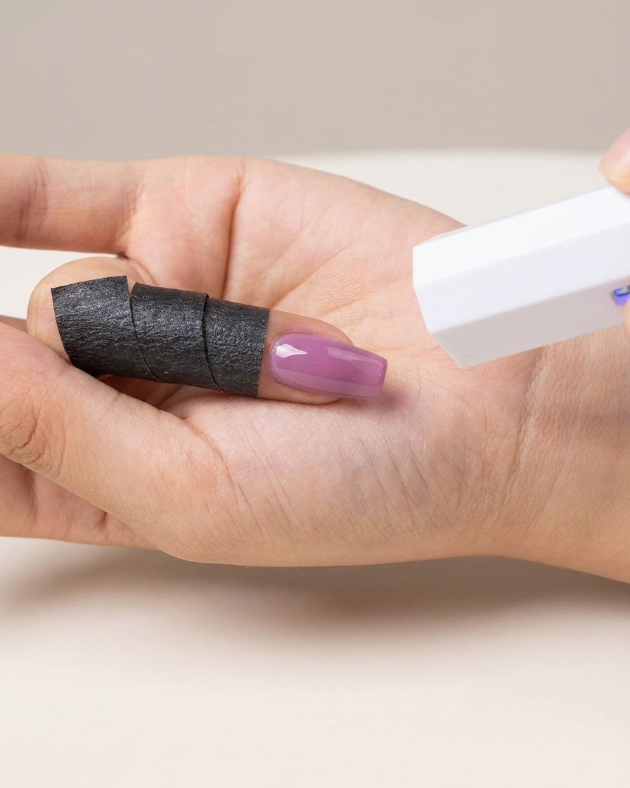 Una mano tiene una mini lampada UV/LED bianca sopra ununghia dipinta con gel viola.