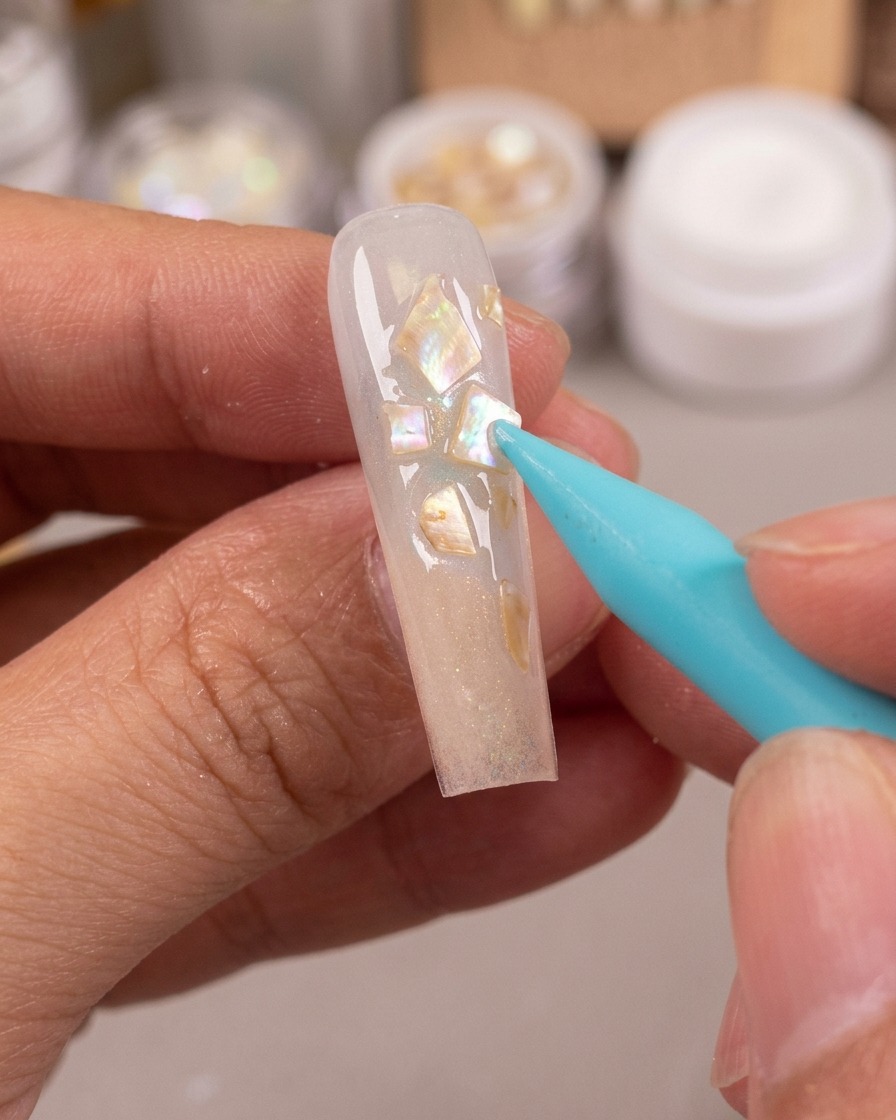 Uno strumento di modellatura in silicone blu che riempie gli spazi tra le scaglie di conchiglia con pasta di polvere fatata brillante.