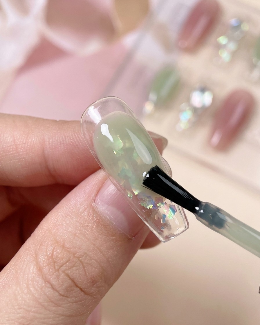 Un pennello che applica del gel traslucido verde sabbia di fagiolo sulla superficie decorata dellunghia.