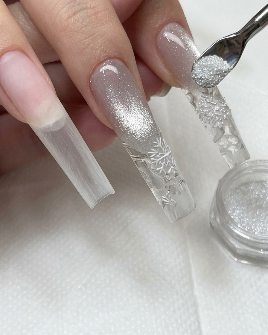 Un piccolo strumento che cosparge polvere di diamanti scintillante sulla nail art in gel bagnata.