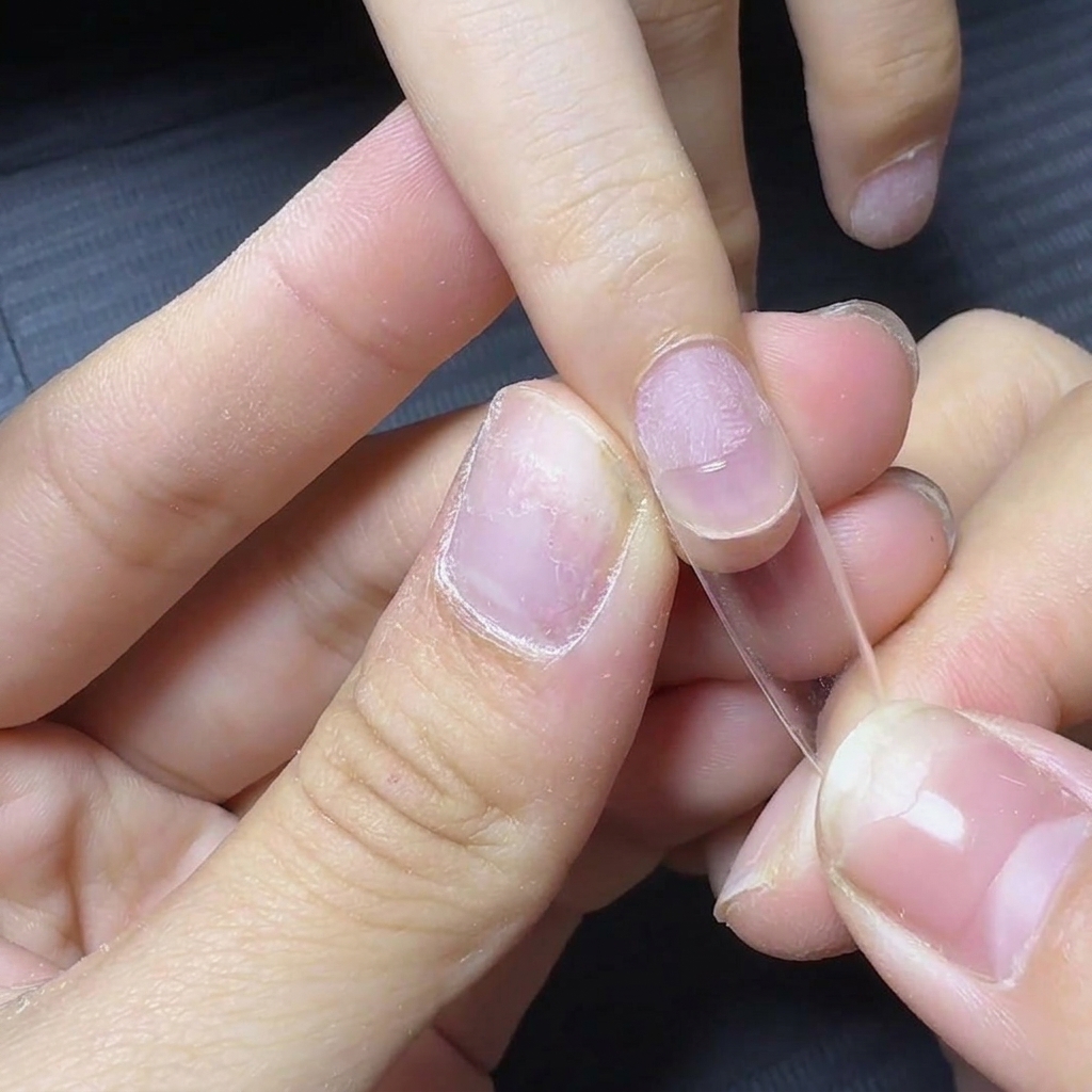 Una mano che tiene una tip per unghie trasparente con curva D e lallinea su ununghia naturale preparata con gel adesivo.