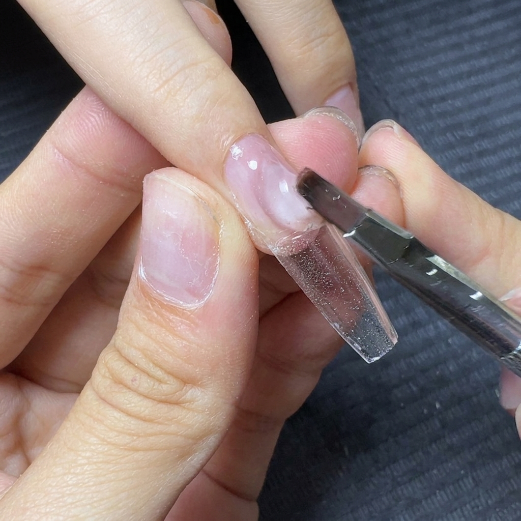 Un pennello da gel che posiziona una grande goccia di gel costruttore trasparente vicino allarea delle cuticole.