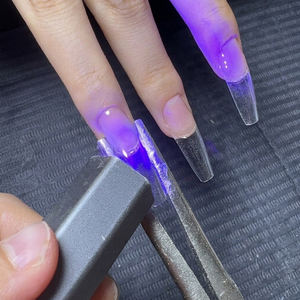 Pinzette che stringono i lati di un allungamento in gel trasparente mentre una luce UV portatile polimerizza il gel.