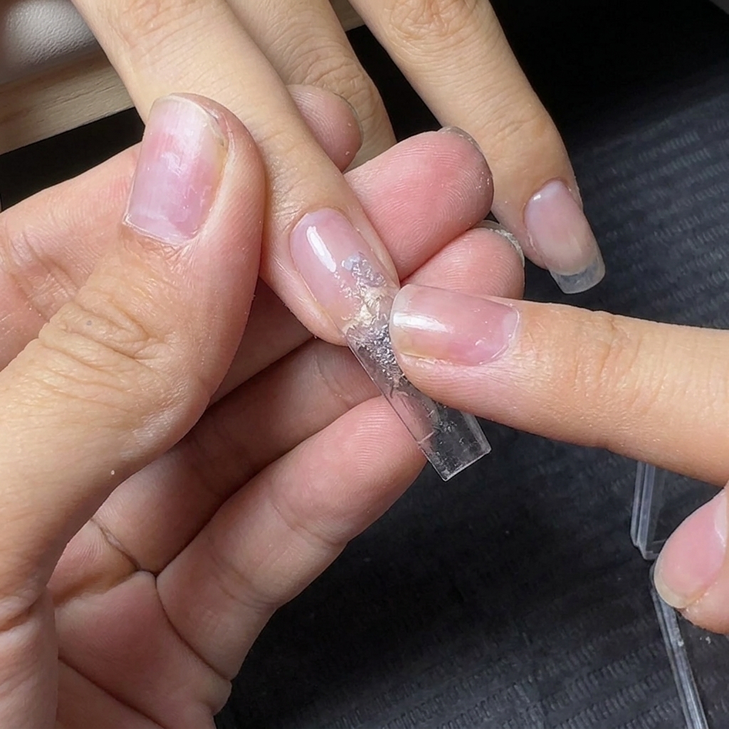 Un polpastrello che preme del fango glitterato riflettente argento sulla base di un allungamento trasparente.