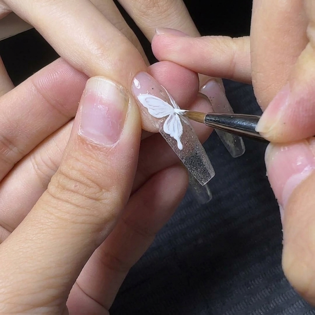 Un pennello liner sottile che dipinge un delicato contorno bianco di unala di farfalla su ununghia glitterata.