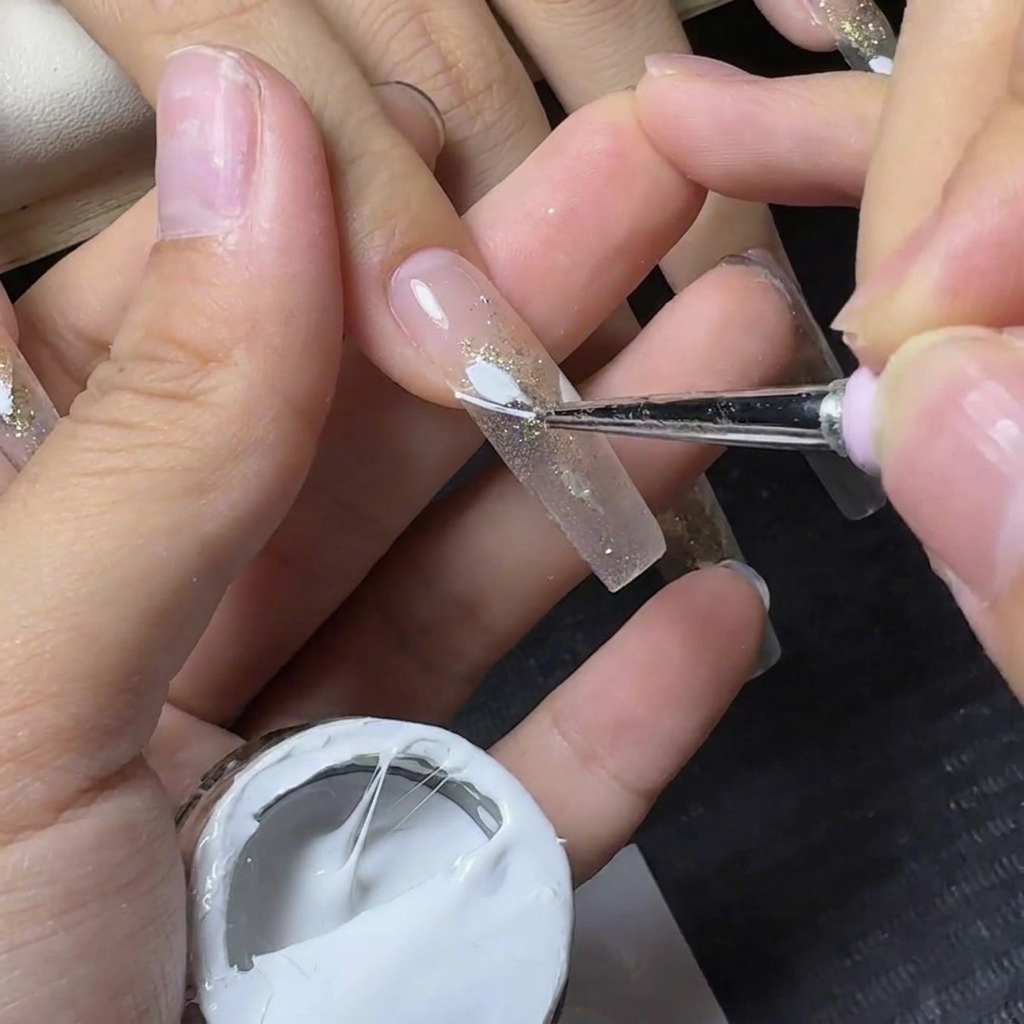 Uno strumento che applica gel ragnatela bianco filamentoso in modo orizzontale lungo la linea del sorriso di unestensione trasparente.