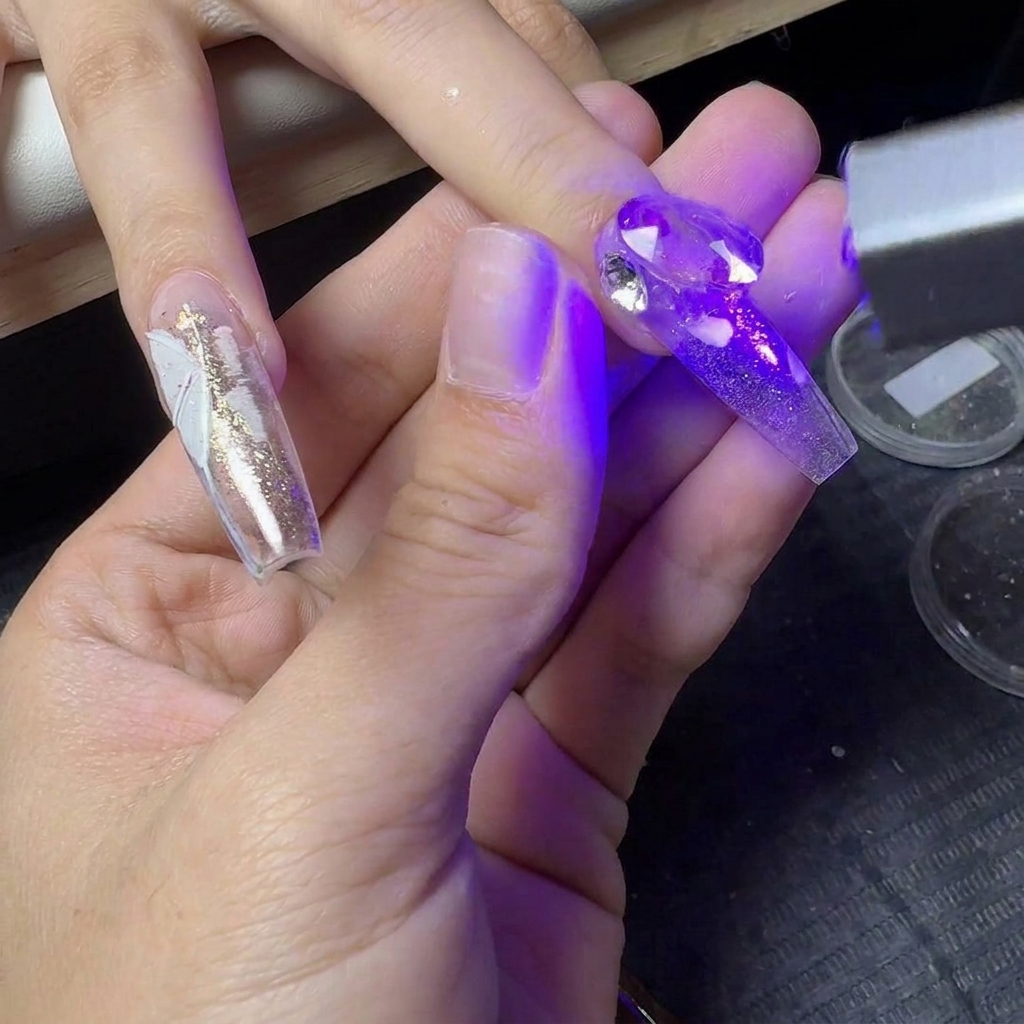 Una mini torcia UV portatile che polimerizza gli strass su unestensione ungueale decorativa.