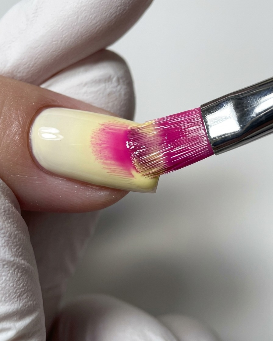 Un pennello con setole rosa che applica uno smalto gel giallo pastello su una base trasparente.