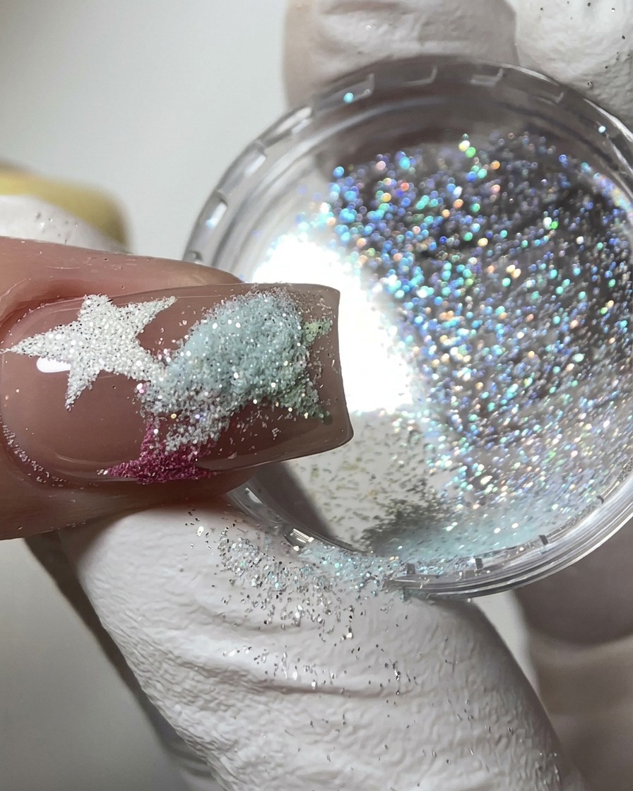 Ununghia tenuta sopra un barattolino di polvere iridescente, che mostra glitter argento-verde sparsi sulla stella bagnata.