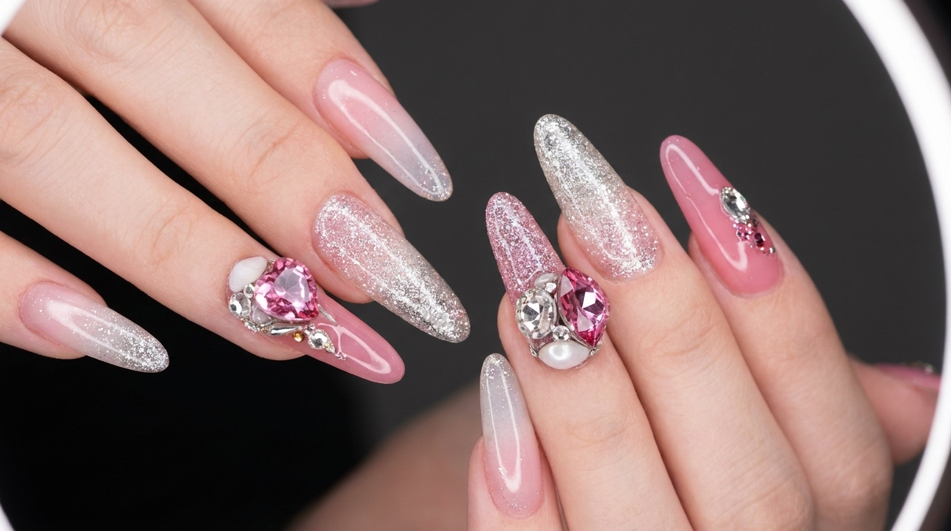 Unghie a Mandorla Lunghe con Strass Rosa e Glitter Argento: Guida Passo dopo Passo