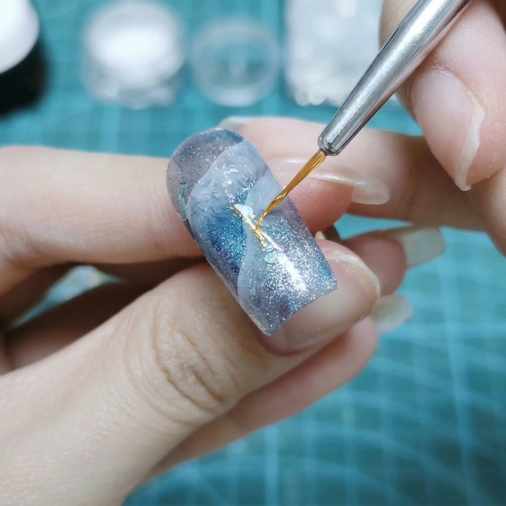 Una mano usa un pennello per dettagli sottile per applicare gel trasparente al centro di ununghia blu e bianca.