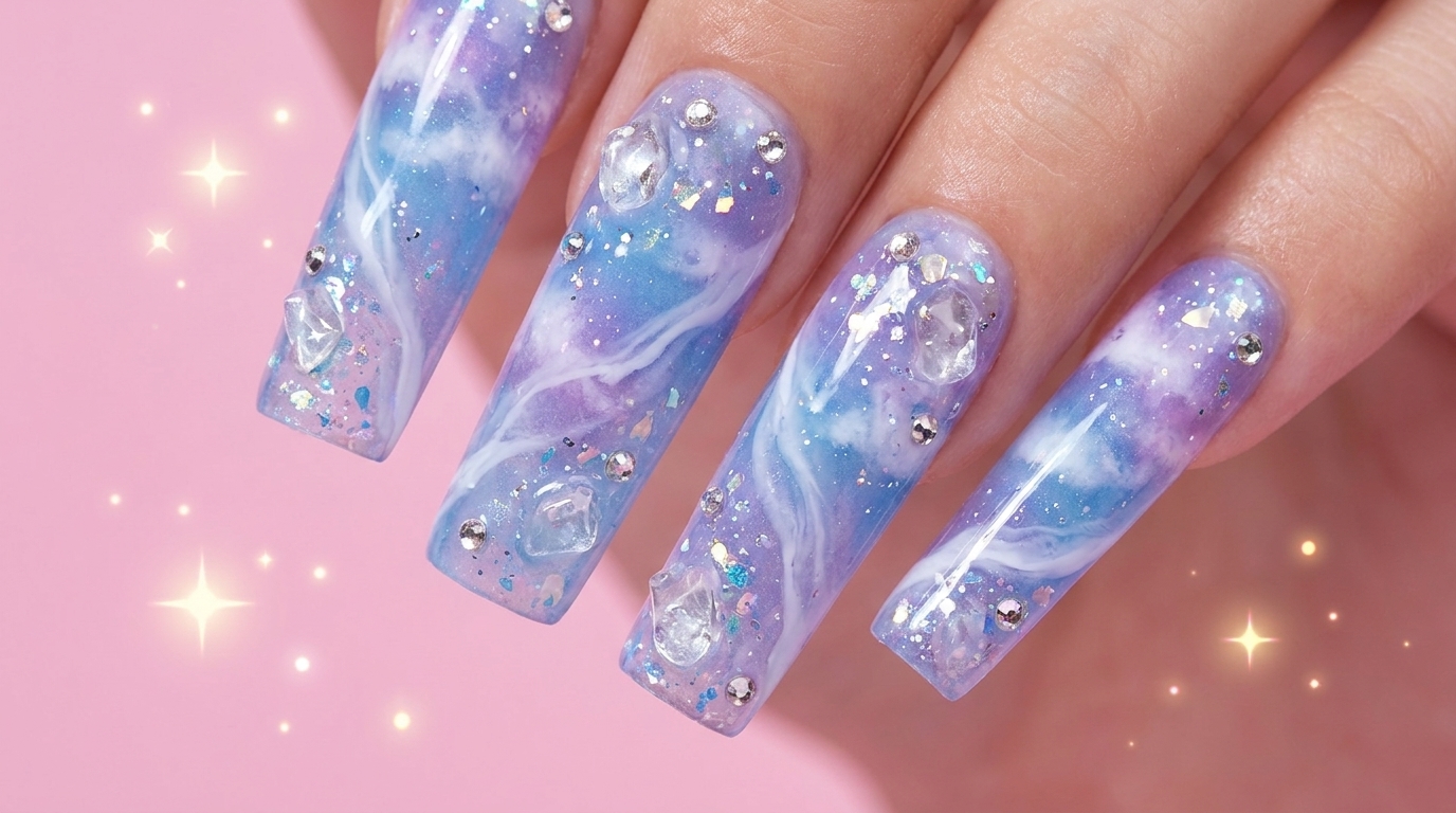 Nail Art Nuvole Sognanti: Sfumature Blu e Viola con Cristalli 3D