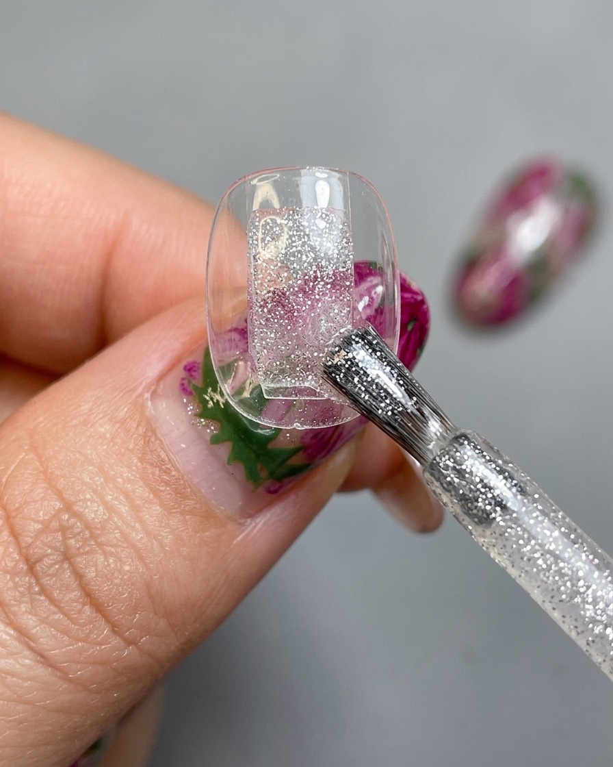 Un pennello da unghie che applica una base in gel cat-eye argentata e brillante su una tip trasparente fissata su un supporto.