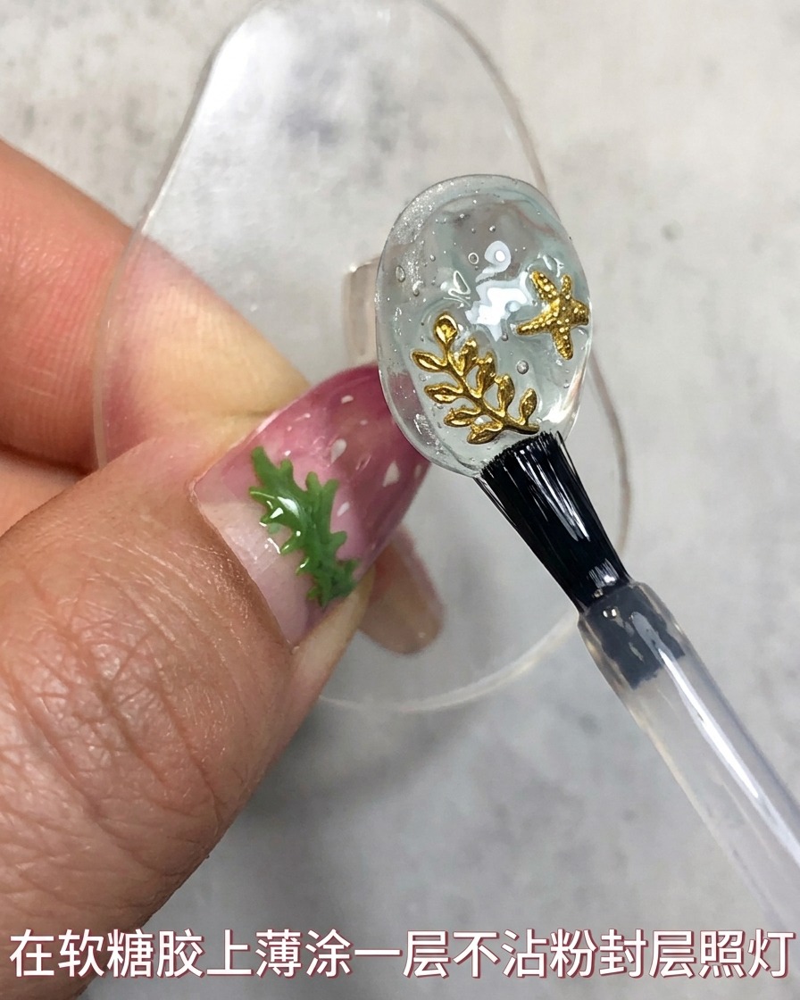 Un pennello da unghie posizionato vicino a uno strato di top coat completato su un design per unghie in stile Atlantide.