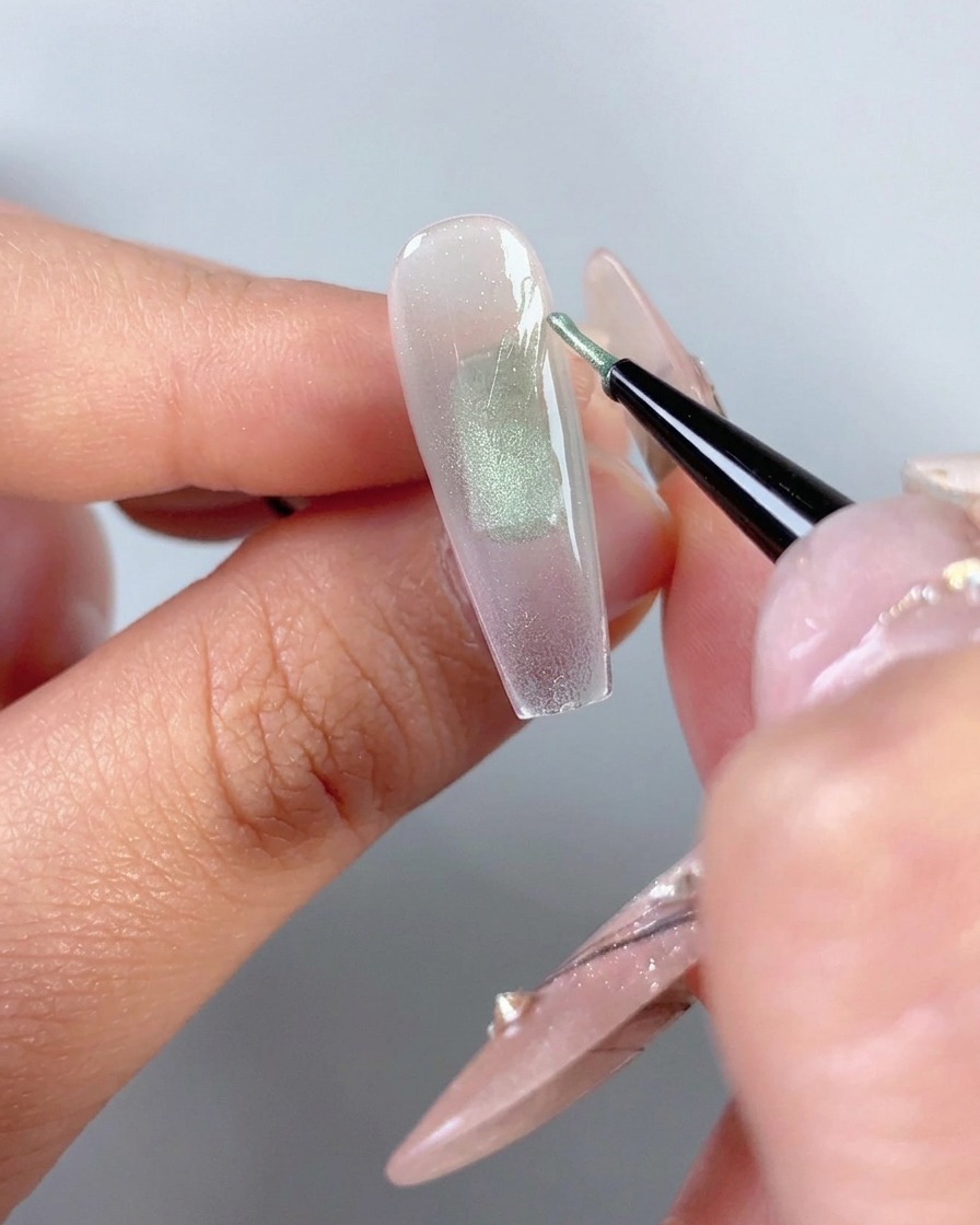 Un pennello liner fine che applica lo smalto in gel cat-eye verde a forma di mezza ala di farfalla sul lato destro di una tip trasparente.