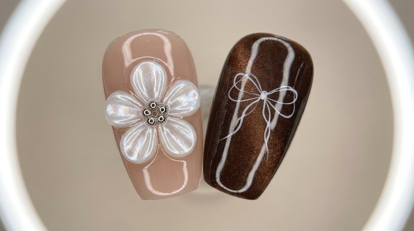 Tutorial Unghie Estetiche con Fiori 3D in Perla e Cat-Eye con Fiocco