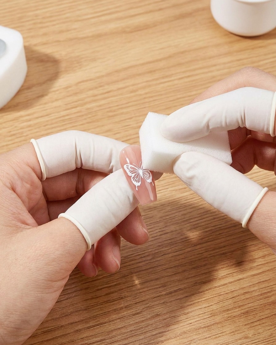 Una mano con i guanti usa una spugnetta bianca per tamponare il gel bianco su uno stencil farfalla su ununghia.