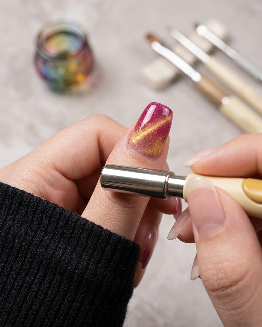 Una mano che tiene una bacchetta magnetica in posizione orizzontale lungo ununghia lucida per modellare una luminosa striscia cat eye dorata su una base rosa.