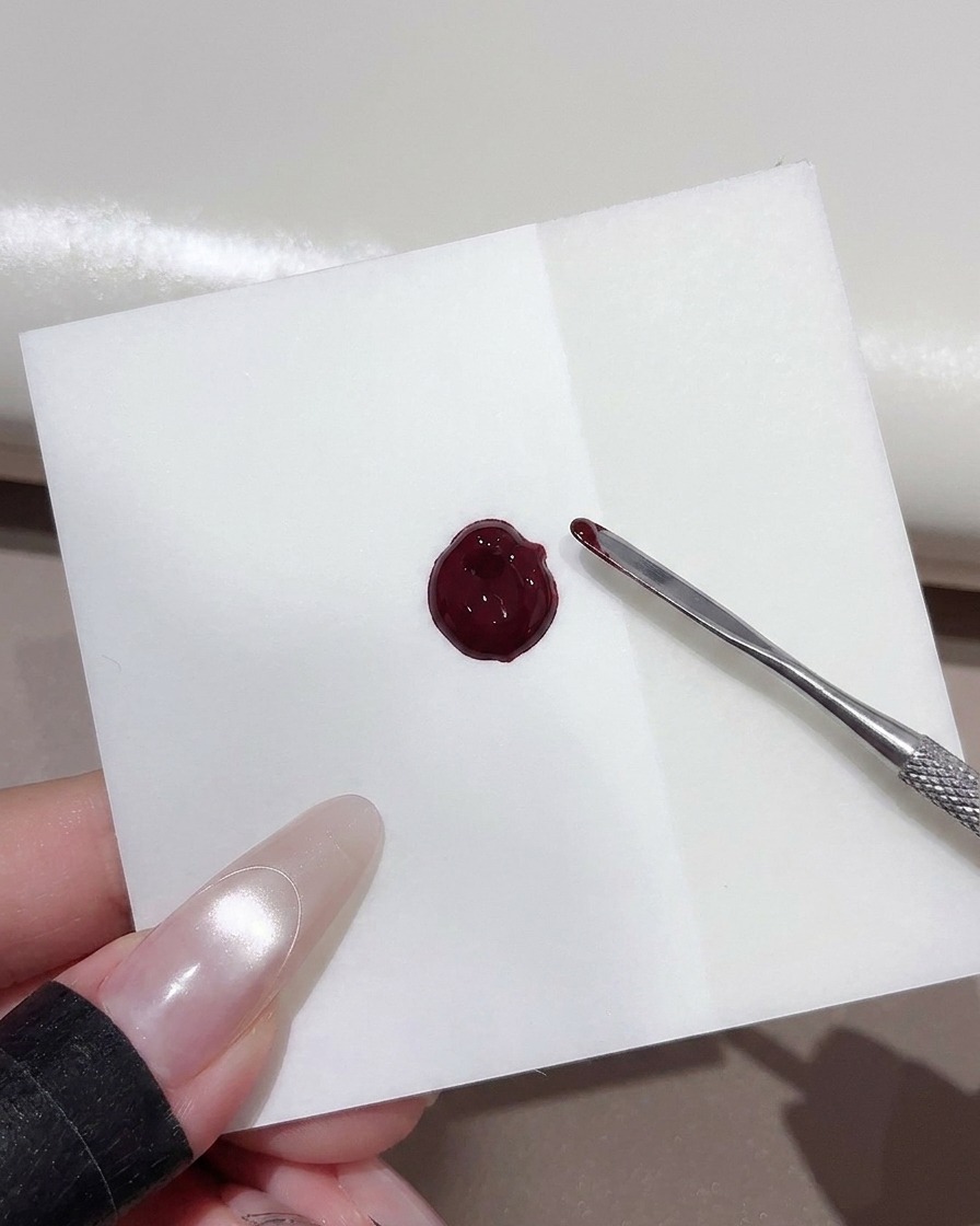 Una spatola di metallo che mescola una goccia di smalto gel rosso scuro su un foglio da tavolozza bianco quadrato.