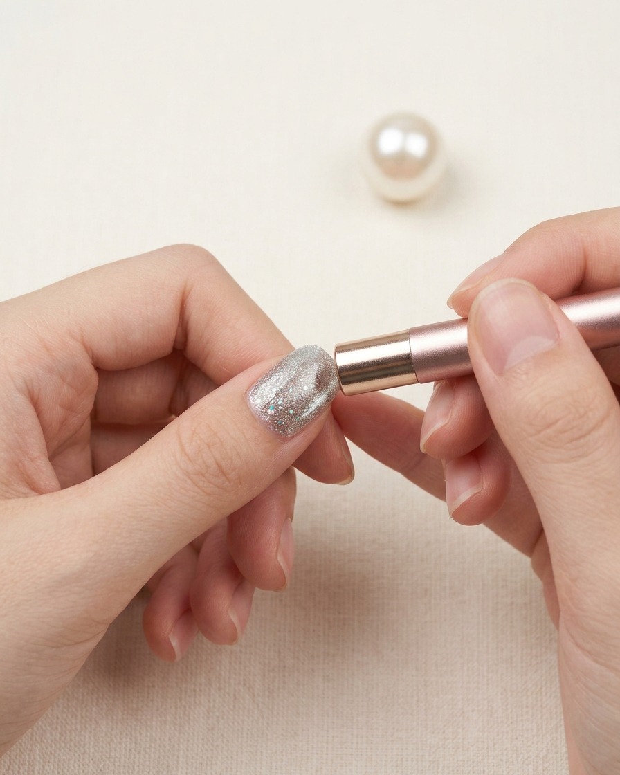 Una mano che tiene una penna magnetica cilindrica vicino a ununghia in gel magnetico brillante.