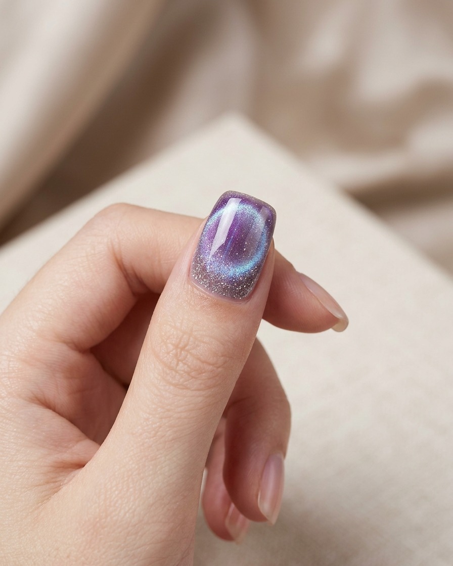 Una mano posizionata sotto una lampada per unghie UV/LED compatta mentre polimerizza un design per unghie cat-eye viola.